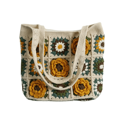 Handmade Crochet Boho Shoulder Bag with Floral Texture