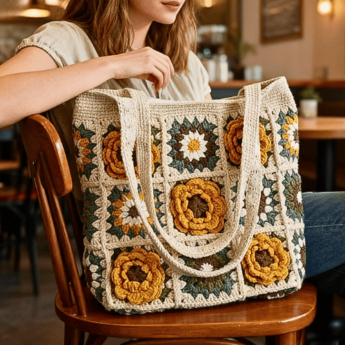 Handmade Crochet Boho Shoulder Bag with Floral Texture