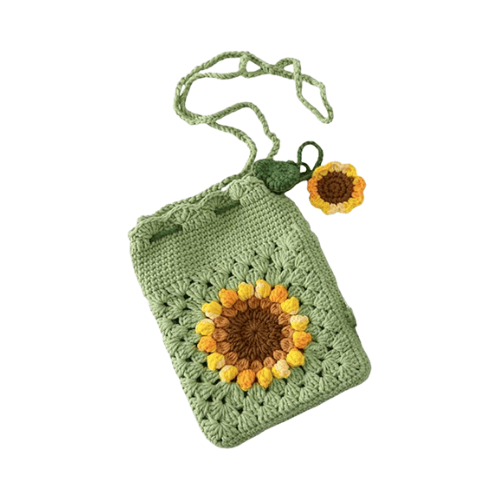 Handmade Sunflower Crochet Wool Crossbody Phone Bag with Drawstring