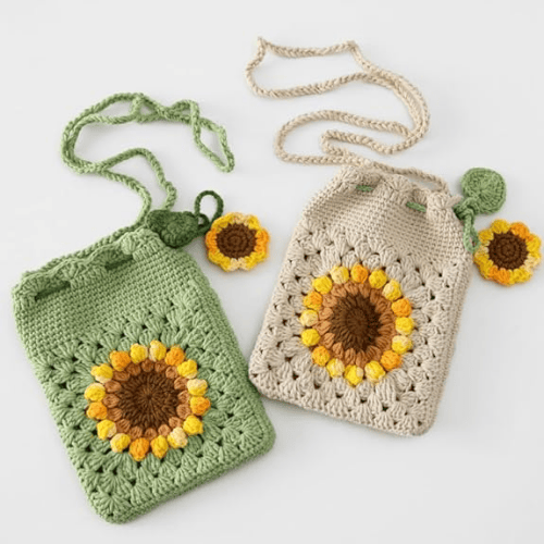 Handmade Sunflower Crochet Wool Crossbody Phone Bag with Drawstring