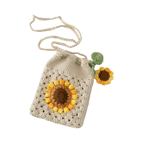 Handmade Sunflower Crochet Wool Crossbody Phone Bag with Drawstring