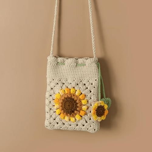 Handmade Sunflower Crochet Wool Crossbody Phone Bag with Drawstring