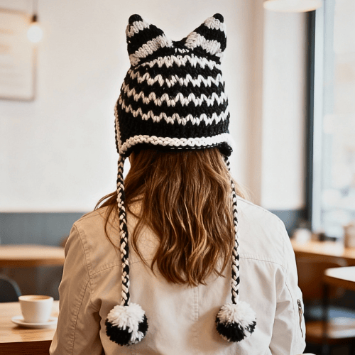 Handmade Crochet Cat Ear Beanie with Ear Flaps