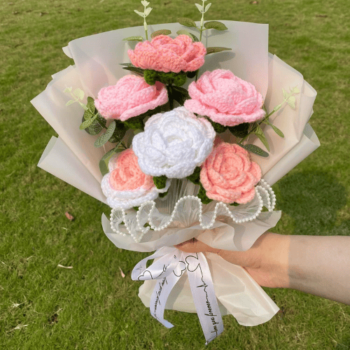 Handmade Crochet Flower Bouquet with Roses and Eucalyptus