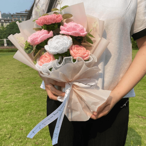 Handmade Crochet Flower Bouquet with Roses and Eucalyptus