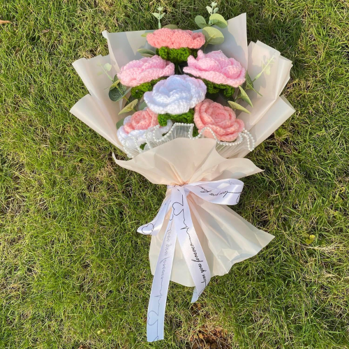 Handmade Crochet Flower Bouquet with Roses and Eucalyptus