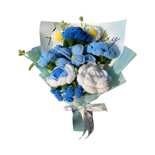 Handmade Crochet Flower Bouquet with Mixed Blue Tones