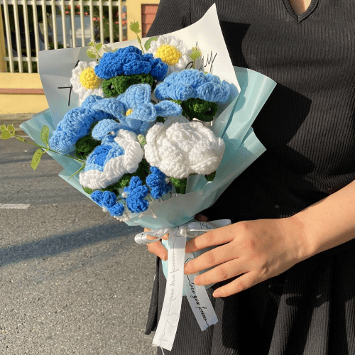 Handmade Crochet Flower Bouquet with Mixed Blue Tones