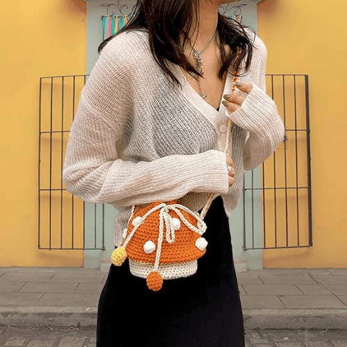 Handmade Wool Knitted Mushroom Crossbody Bucket Bag