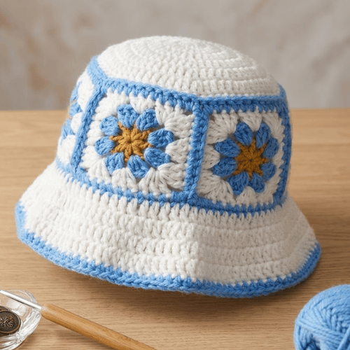Modern "Azure Flora" Crochet Bucket Hat