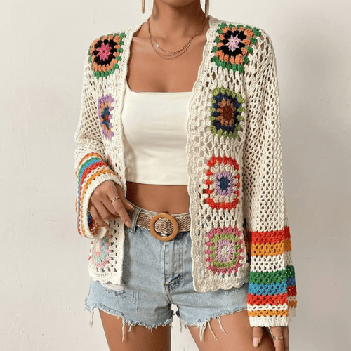 Modern "Granny-Square" Crochet Cardigan – Vibrant Floral Boho Knit