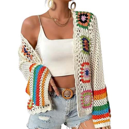 Modern "Granny-Square" Crochet Cardigan – Vibrant Floral Boho Knit