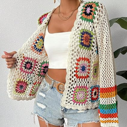 Modern "Granny-Square" Crochet Cardigan – Vibrant Floral Boho Knit