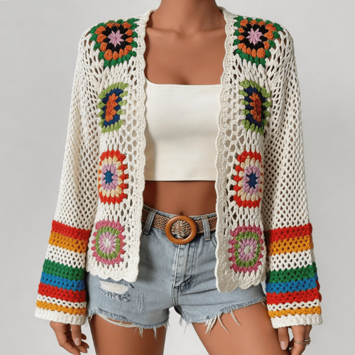 Modern "Granny-Square" Crochet Cardigan – Vibrant Floral Boho Knit
