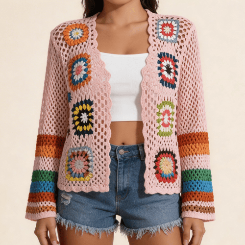 Modern "Granny-Square" Crochet Cardigan – Vibrant Floral Boho Knit
