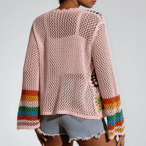 Modern "Granny-Square" Crochet Cardigan – Vibrant Floral Boho Knit