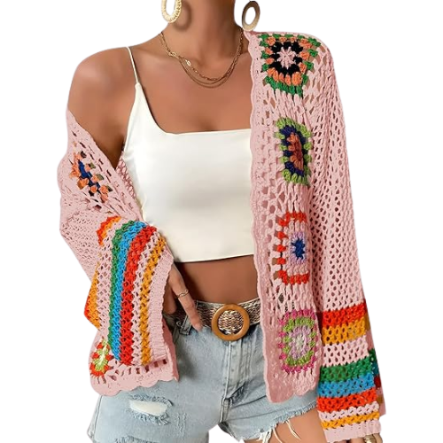 Modern "Granny-Square" Crochet Cardigan – Vibrant Floral Boho Knit