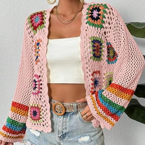 Modern "Granny-Square" Crochet Cardigan – Vibrant Floral Boho Knit