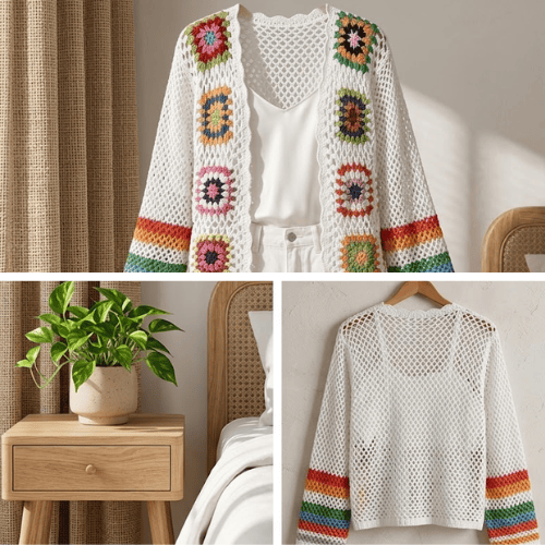 Modern "Granny-Square" Crochet Cardigan – Vibrant Floral Boho Knit