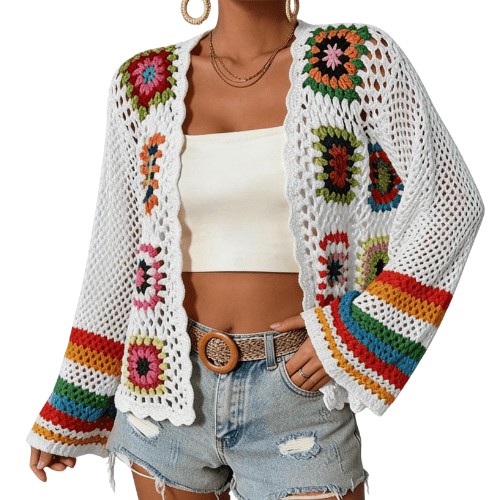 Modern "Granny-Square" Crochet Cardigan – Vibrant Floral Boho Knit