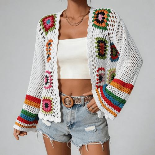 Modern "Granny-Square" Crochet Cardigan – Vibrant Floral Boho Knit