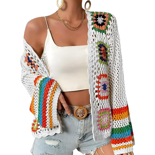 Modern "Granny-Square" Crochet Cardigan – Vibrant Floral Boho Knit