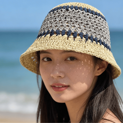 Modern "Coastal Flora" Crochet Bucket Hat – Handmade Stripe Floral Sun Hat