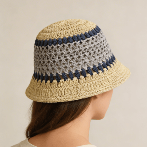Modern "Coastal Flora" Crochet Bucket Hat – Handmade Stripe Floral Sun Hat
