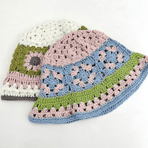Modern "Coastal Flora" Crochet Bucket Hat – Handmade Stripe Floral Sun Hat