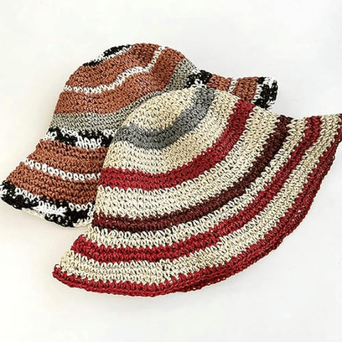 Modern "Coastal Flora" Crochet Bucket Hat – Handmade Stripe Floral Sun Hat