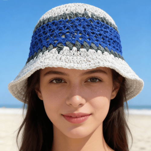 Modern "Coastal Flora" Crochet Bucket Hat – Handmade Stripe Floral Sun Hat