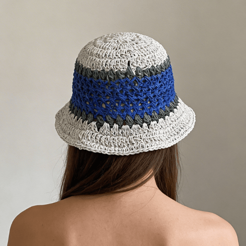 Modern "Coastal Flora" Crochet Bucket Hat – Handmade Stripe Floral Sun Hat