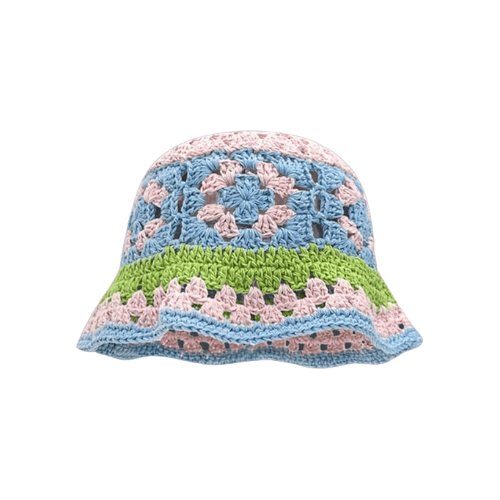Modern "Coastal Flora" Crochet Bucket Hat – Handmade Stripe Floral Sun Hat