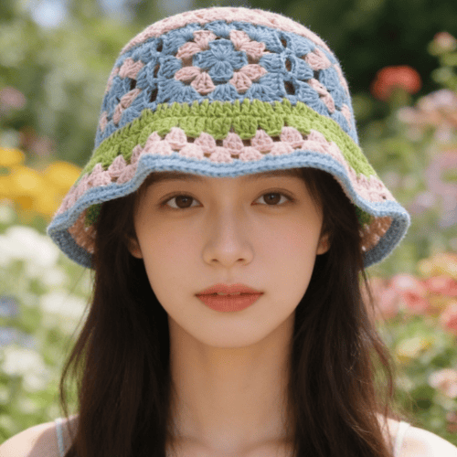 Modern "Coastal Flora" Crochet Bucket Hat – Handmade Stripe Floral Sun Hat