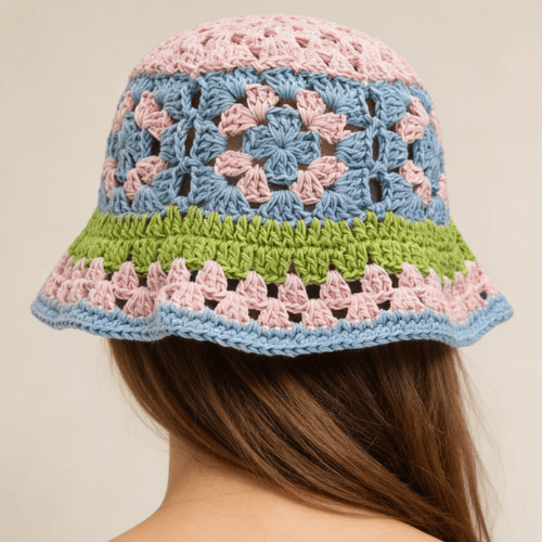Modern "Coastal Flora" Crochet Bucket Hat – Handmade Stripe Floral Sun Hat