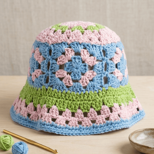 Modern "Coastal Flora" Crochet Bucket Hat – Handmade Stripe Floral Sun Hat