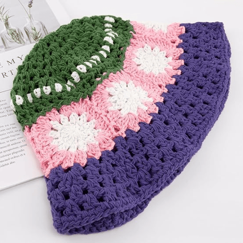 Modern "Coastal Flora" Crochet Bucket Hat – Handmade Stripe Floral Sun Hat