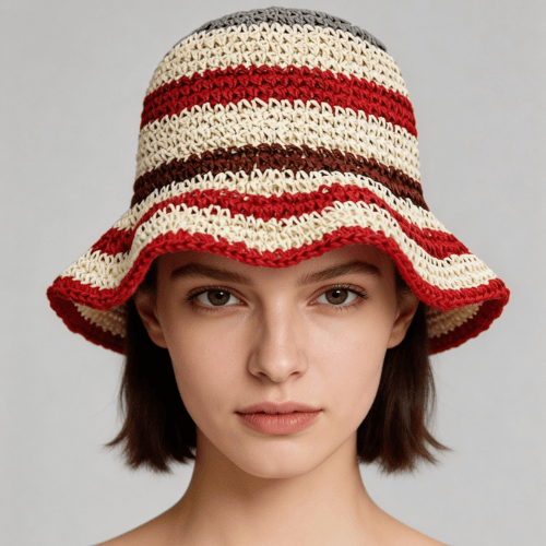 Modern "Coastal Flora" Crochet Bucket Hat – Handmade Stripe Floral Sun Hat