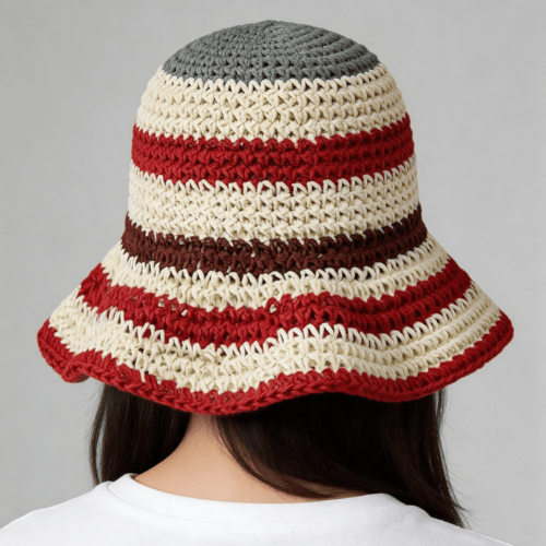 Modern "Coastal Flora" Crochet Bucket Hat – Handmade Stripe Floral Sun Hat
