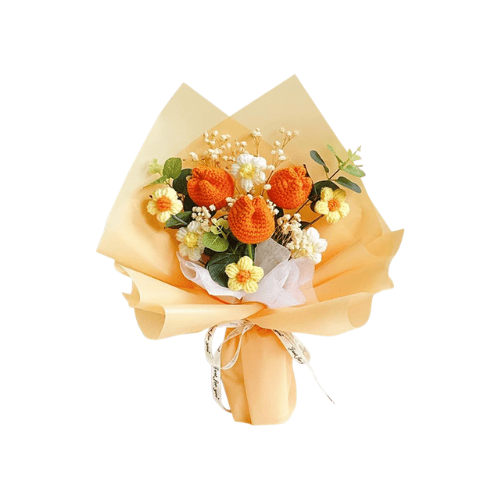 Handmade Crochet Sunflower & Tulip Bouquet – Artisan Knitted Floral Arrangement