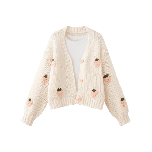 Women’s "Berry Sweet" Embroidered Cardigan – Kawaii V-Neck Chunky Knit