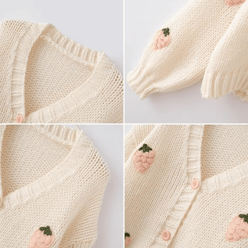 Women’s "Berry Sweet" Embroidered Cardigan – Kawaii V-Neck Chunky Knit