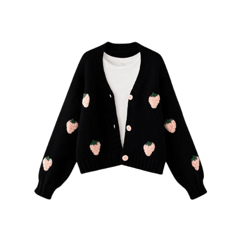 Women’s "Berry Sweet" Embroidered Cardigan – Kawaii V-Neck Chunky Knit