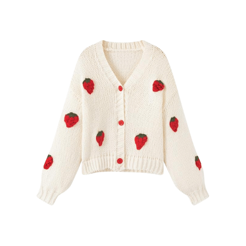 Women’s "Berry Sweet" Embroidered Cardigan – Kawaii V-Neck Chunky Knit