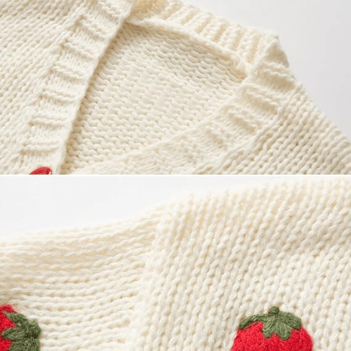 Women’s "Berry Sweet" Embroidered Cardigan – Kawaii V-Neck Chunky Knit