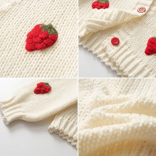 Women’s "Berry Sweet" Embroidered Cardigan – Kawaii V-Neck Chunky Knit