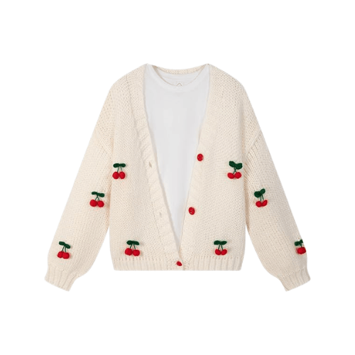 Women’s "Berry Sweet" Embroidered Cardigan – Kawaii V-Neck Chunky Knit