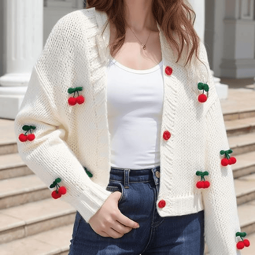 Women’s "Berry Sweet" Embroidered Cardigan – Kawaii V-Neck Chunky Knit