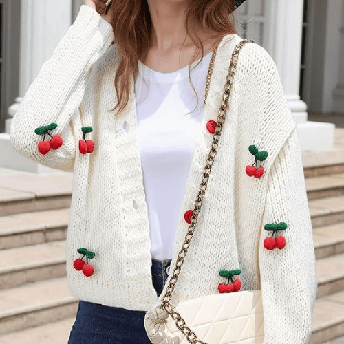 Women’s "Berry Sweet" Embroidered Cardigan – Kawaii V-Neck Chunky Knit