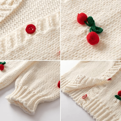 Women’s "Berry Sweet" Embroidered Cardigan – Kawaii V-Neck Chunky Knit